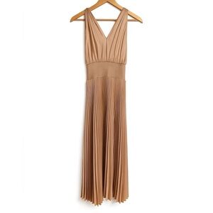 A.L.C. Pleated Maxi Dress Size 6 Taupe Champagne V-Neck Gown